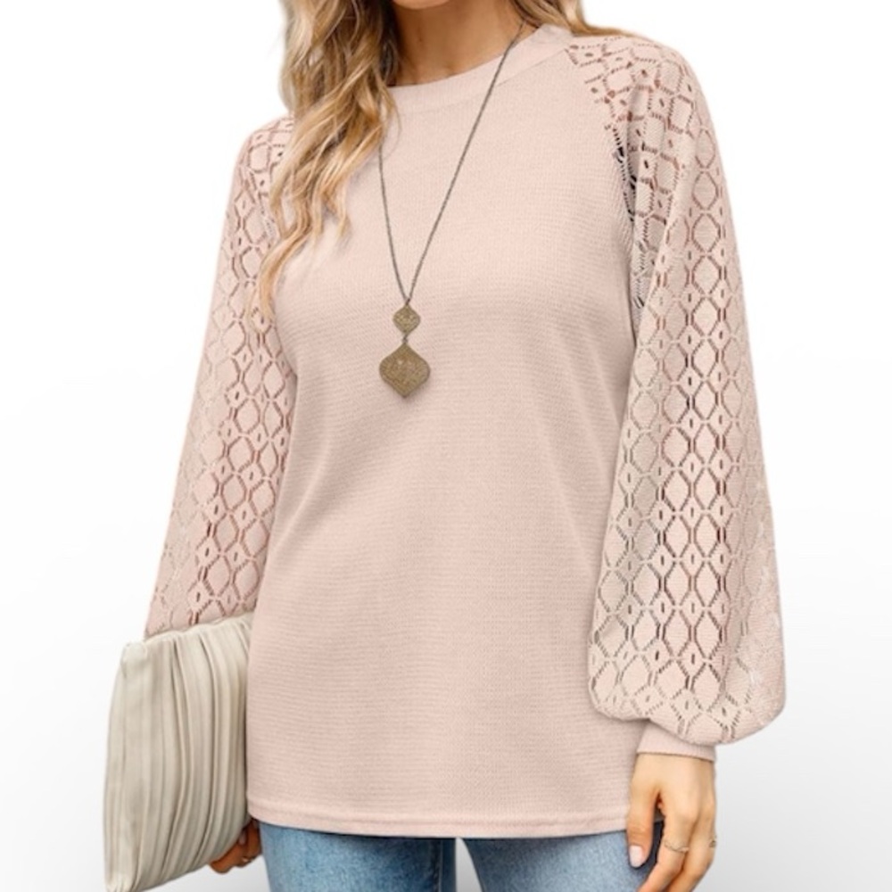 MIHOLL Oatmeal Long Sleeve Lace Casual LOOSE Fit Blouse w/ Zipper in Back size M